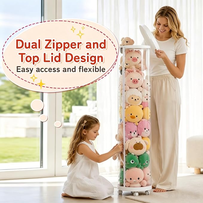 Large Stuffed Animal Storage Tube with Wheels, 59''×11''Toy Organizer with Double Zipper, WhiteClear PET Cylinder Container for Plush Toy Organization, Space Saving Kids Room Storage