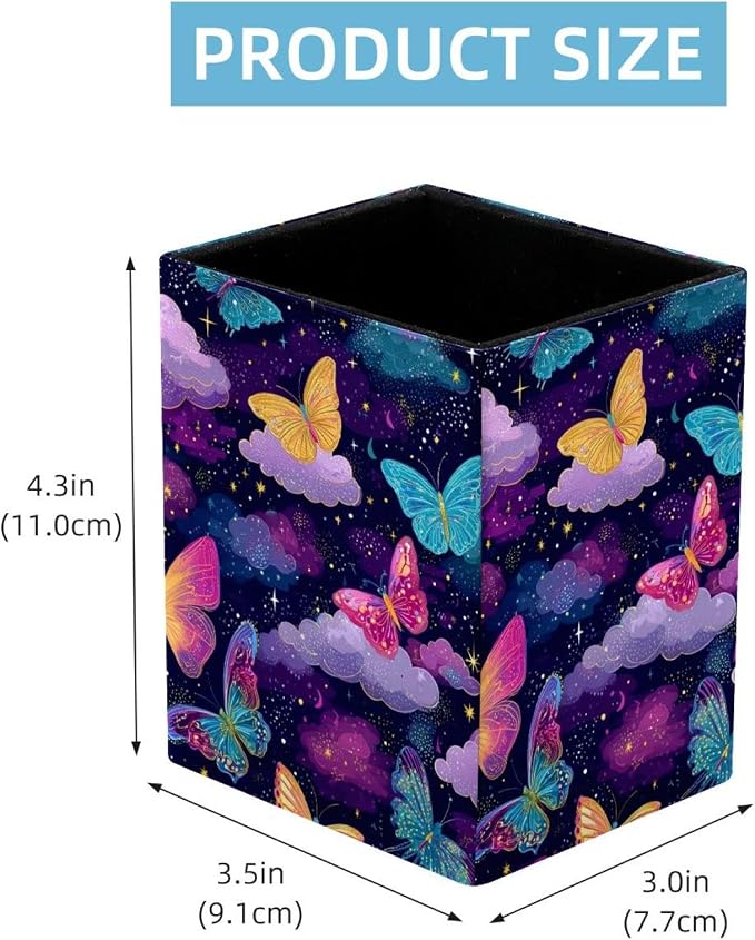 Butterfly Pen Holder for Desk Decor, Rectangular PVC Leather Pencil Cup for Desk Pen Organizer, Makeup Brush Holder for School, Home, Office