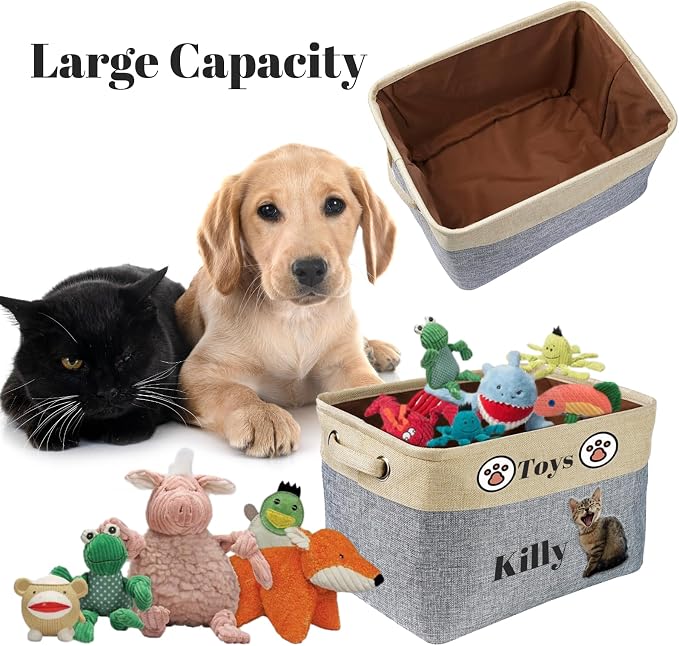 Personalized Dog Toy Storage Basket with Pet Name - Custom Collapsible Puppy Bin, Durable Fabric Toy Box for Dogs & Cats, Sturdy Handles for Home Organization