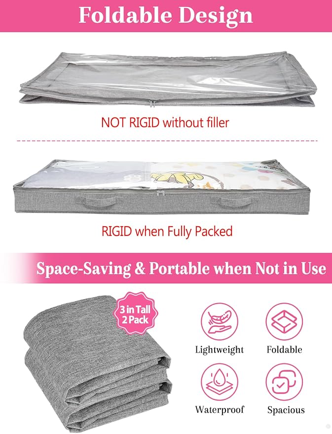 3-in Low Profile Under Bed Storage, No Structure, 2-Pack, Gray | 3" Ultra-Slim, Clear Lid, Reinfoced Handles & Smooth Zips, Dustproof & Waterproof, for Low Bed, Couch, Crib Storage