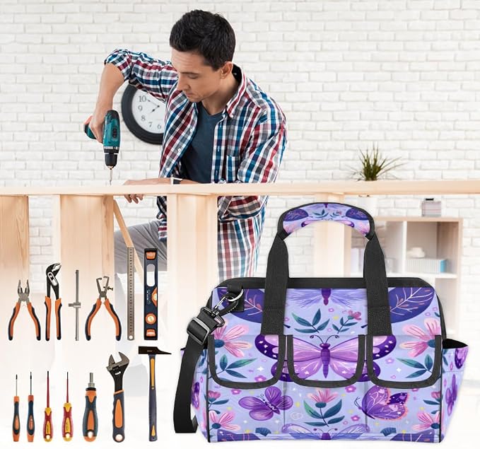 Purple Butterfly Heavy Duty Tool Bag 14.8 Inch Butterflies Rustic Floral Portable Soft Tool Box Organizer Storage with Adjustable Shoulder Strap