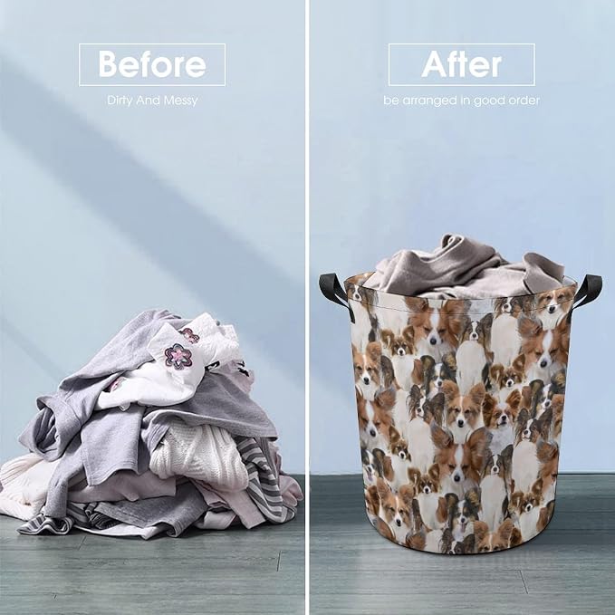 Cute Papillon Dog Print Laundry Basket Foldable With Handles, Funny Papillon Dog Tote Bag, Oxford Cloth Papillon Dog Laundry Hamper Clothes Storage Bucket For Bathroom Laundry Bedroom
