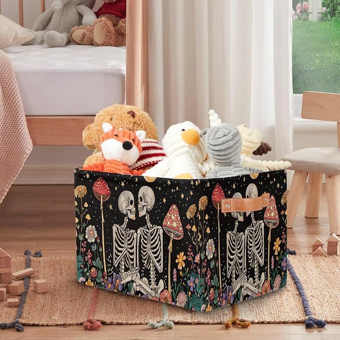 Pardick Storage Baskets Bin, Boho Skull Mushroom Collapsible Canvas Fabric Storage Bin Decorative Baskets Toy Organizer Rectangle Storage Boxes with Handles for Home Shelves Nursery,1Pack,A-1872