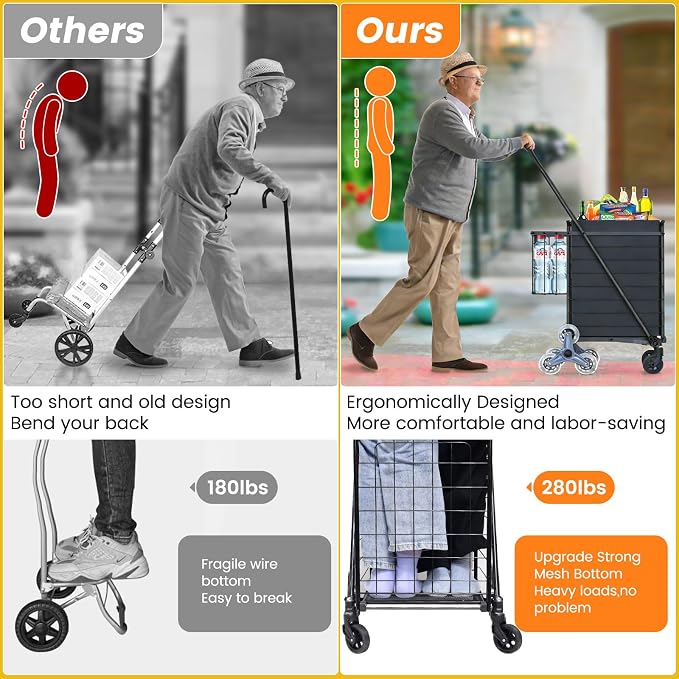 Upgraded Stair Climbing Shopping Cart for Groceries, 280LBS Grocery Cart | Waterproof Liner, 360° Rolling Swivel Wheels, Heavy Duty Utility Cart Folding Shopping Carts for Laundry Luggage Gift