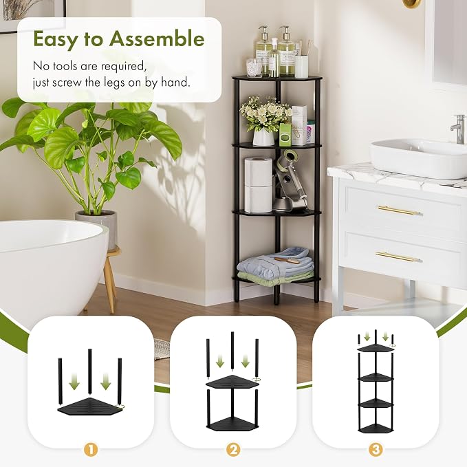 Corner Shelf Stand, 4 Tier Corner Bookshelf, Bamboo Storage Standing Shelf Unit, Tall Storage Plant Stand,Bookcase for Living Room, Home Office, Bedroom, Kitchen, Black