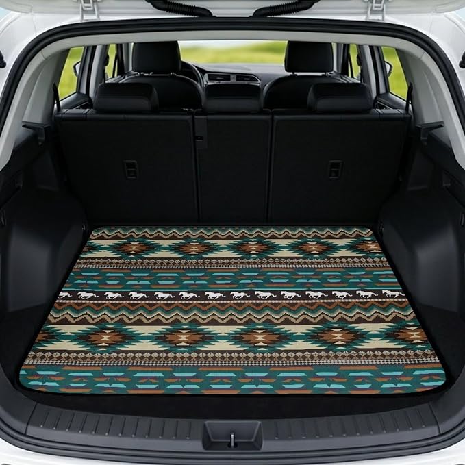 Howilath Car Trunk Mat All Weather Cargo Liner Non-Slip Green Southwestern Aztec Horse Rear Trunk Protection Vehicle Interior Accessories for Sedan & Truck