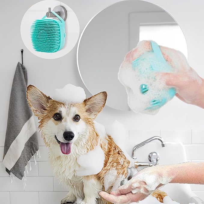 Pet Bath Scrubber Brush, Dog Grooming Massage Shampoo Bath Brush with Soap and Shampoo Dispenser Soft Silicone Bristle for Long Short Haired Dogs Cats Shower (Blue)