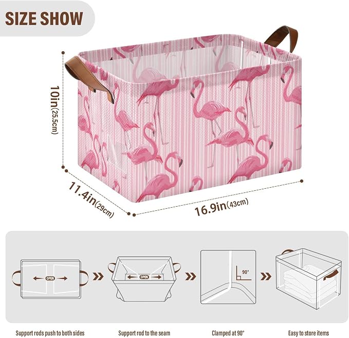 Pink Striped Bg Tropical Flamingo Storage Basket Foldable Cube Storage Bins with Handles&Label Waterproof Collapsible Organizer Box Bin Large Rectangle Decorative Baskets for Shelves Home Room Laundry