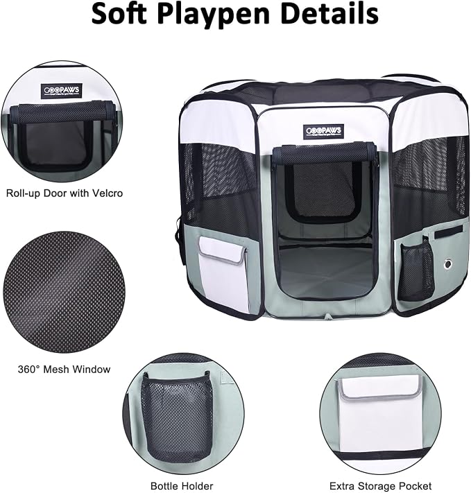 JESPET 61" Pet Dog Playpens, Portable Soft Dog Exercise Pen Kennel with Carry Bag for Puppy Cats Kittens Rabbits,Shale Green | 2-Door, Easy to Fold, Ground Stakes, Zipper Locks, Large Storage Pocket, Washable Top Mesh Cover & Bottom Cover
