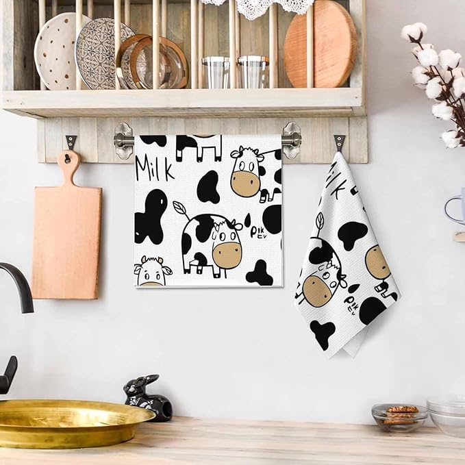 Cow 2Pcs Kitchen Towels Milk Black White Cow Print 16X24 Inch Ultra Soft Tea Towel Super Absorbent Terry Dish Towels for Kitchen Linens