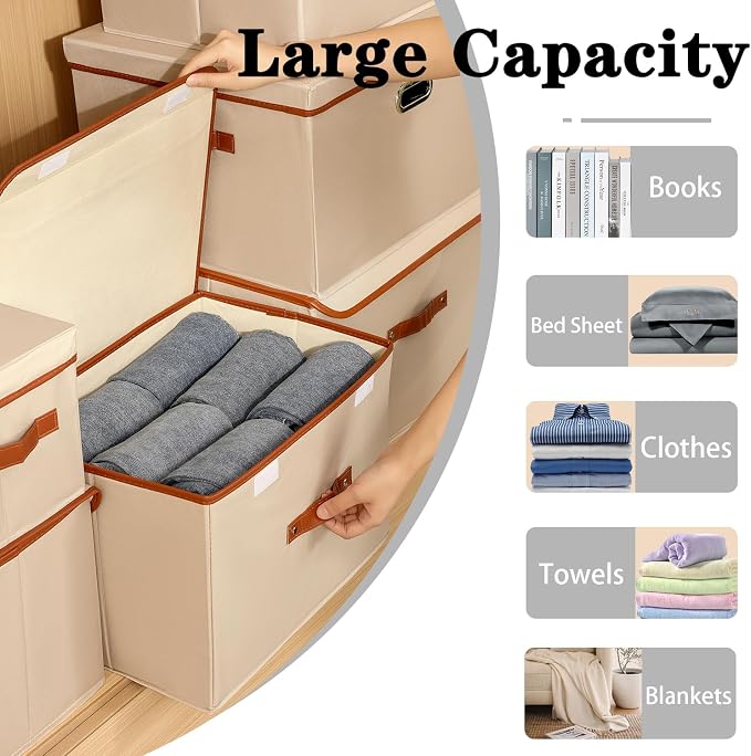 Tuza 4 Pack Large Fabric Storage Bins with Lids, Foldable Storage Boxes with Lids for Organizing, Decorative Storage Boxes with Handles for Home, Bedroom, Closet, Office(Khaki, Large)