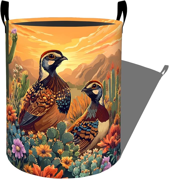 Quail Desert Laundry Basket, Cactus Flower Bird Storage Hamper, Round Collapsible Waterproof Cloth Bin, 19.7x15.7 Inch Southwestern Clothes Organizer Gifts for Bathroom Decor