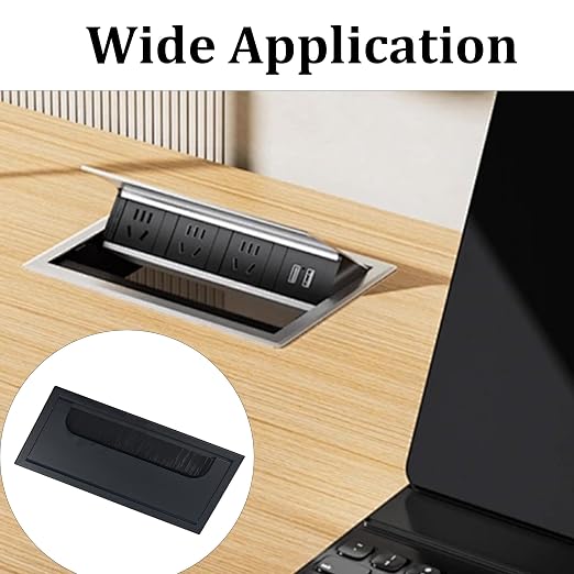 2PCS 6.3"x3.15" Metal Rectangle Cable Grommet, Wire Management Cover with Soft Brush Strip, Desk Wire Organizer for Computer Table Office Furniture (Black)