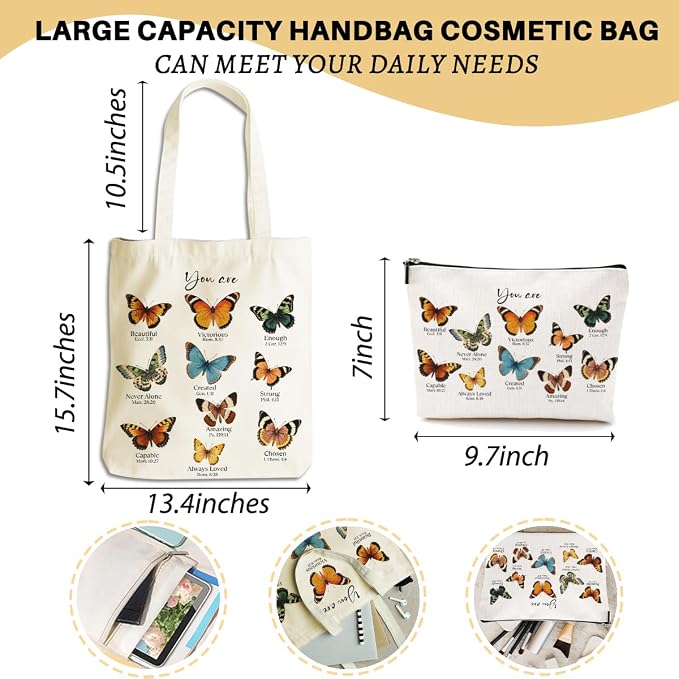Inspirational Butterfly Gifts Christian Gifts for Women Girls Bestie Sister Religious Makeup Bag Canvas Tote Bag Reusable Grocery Bags with Inner Pocket for Beach Shopping Birthday Friendship
