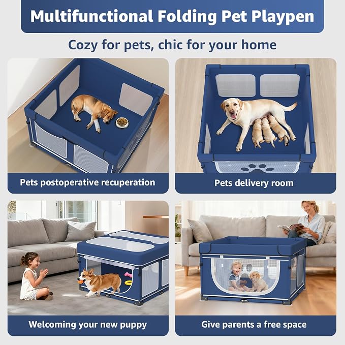 LOOBANI Foldable Dog Playpen with Cover, 1 Min Setup, 43.3"x43.3"x27.1" | Blue Pet Puppy Playpen Indoor, Sturdy Reinforced Steel/Iron Frame, Portable Whelping Box For Home Dog Cat Rabbit, Patented