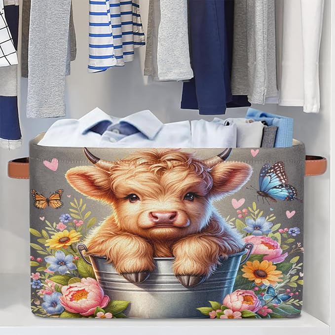 Basket Storage Bins Alpine Cattle Cow Flower Rectangle Cube Basket Box Kids Girls Boys Toys Organizer Beaket Decor Foldable with Handle for Living Room Bedroom Closet Nursery Office Shelf Gifts