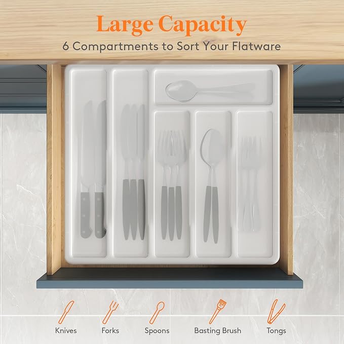 Lifewit Silverware Organizer with Lid, Covered Utensil Tray, 12.6x11.8 | Plastic Cutlery Storage Box for Kitchen Drawer and Countertop, Flatware Case Holder for Spoons Forks Knives, White