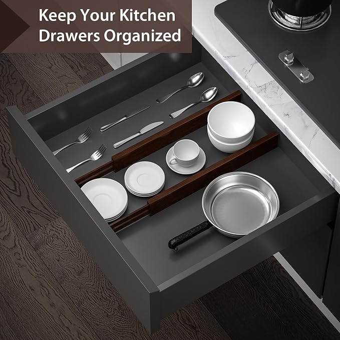 4 PCS Drawer Divider, 17"-22" Adjustable Bamboo Drawer Dividers Organizers, 2.3" High Expandable Separators for Kitchen, Clothes, Dressers, Home, Office, Mocha