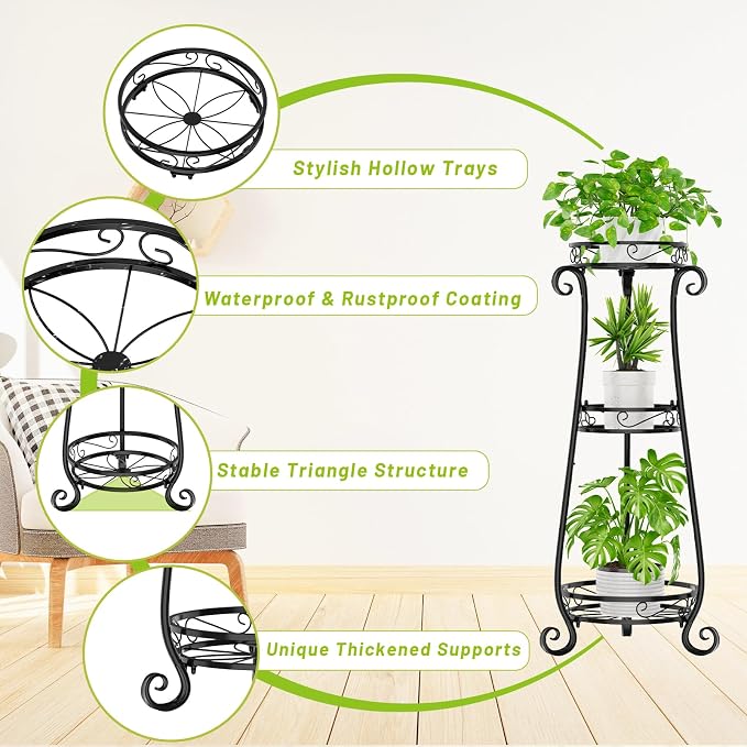 KMOTASUO 3 Tier Metal Plant Stand Tall for Indoor Outdoor Corner, Black | Heavy Duty Flower Holder Rack, Modern Vertical Iron Shelf for Patio Bathroom Office Garden