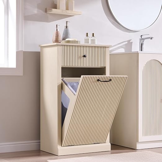 IFGET Tilt-Out Trash Can Cabinet, Modern Laundry Hamper Cabinet, Cream