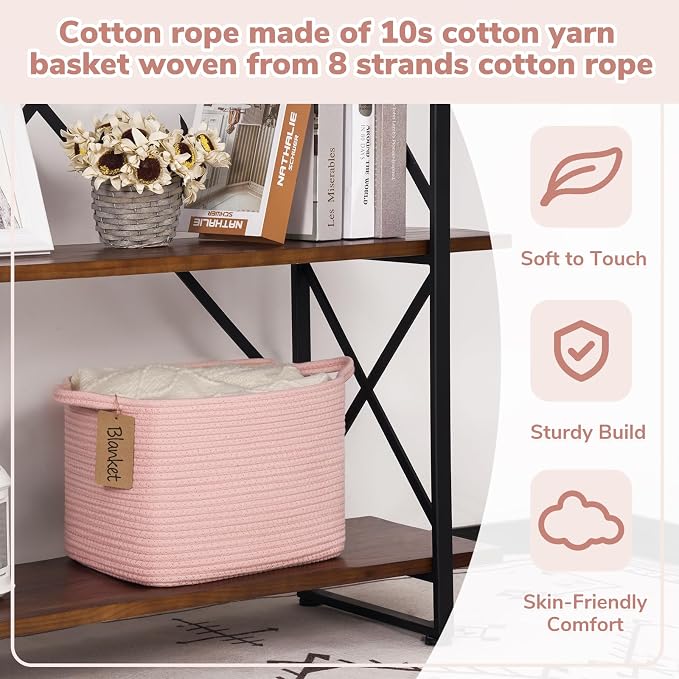 Goodpick Woven Rope Storage Basket for Shelves, Rectangle, Pink | 13" × 10" × 9" Stylish Gift Basket for Nursery, Bedroom & Bathroom Organization, Fits Toys, Towels & Baby Essentials Storage