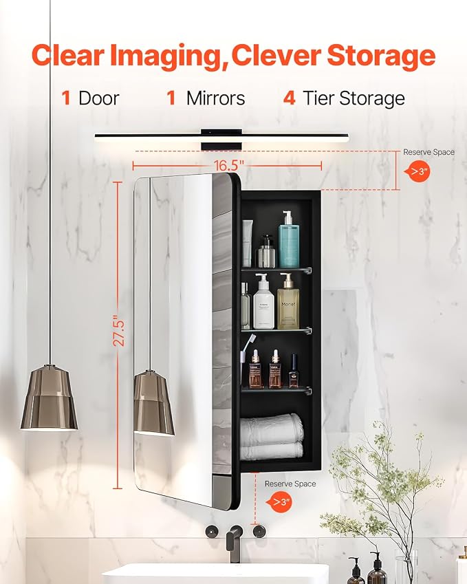 VEVOR Medicine Cabinet, 16.5 x 27.5 inch, Medicine Cabinet for Bathroom with Mirror, Aluminum Frame Bathroom Wall Cabinet, 3-Layer Adjustable Shelves, Recessed & Wall-Mounted Installation