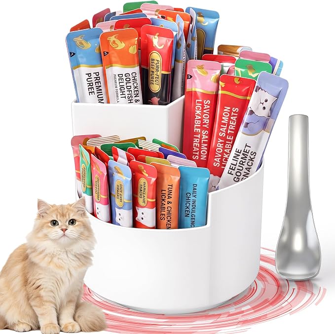 Lickable Cat Treat Organizer Lazy Susan Plastic Squeeze up Cat Food Storage Container with Spoon and 3 Compartments for Pantry Cabinet Kitchen Countertop Vanity, 4.3 x 4.7 Inch(White Layered)