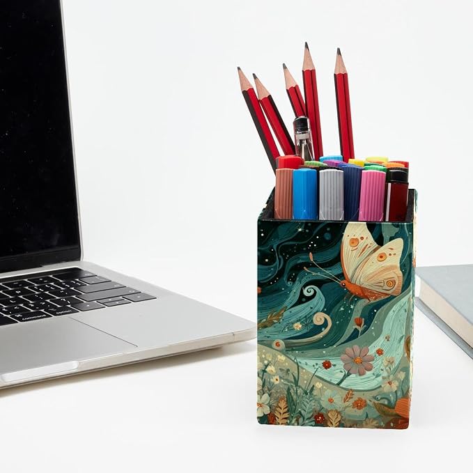 Butterfly Pen Holder for Desk Decor, Rectangular PVC Leather Pencil Cup for Desk Pen Organizer, Makeup Brush Holder for School, Home, Office