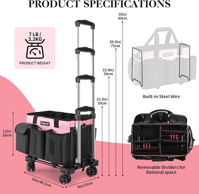 Chyaidach Rolling Cleaning Caddy, Cleaning Supplies Organizer with Trolley, Wearable Cleaning Tote Bag on Wheels with Hard Bottom, Cleaning Carts for Housekeepers/Home/Car/Office/Picnic (Pink)