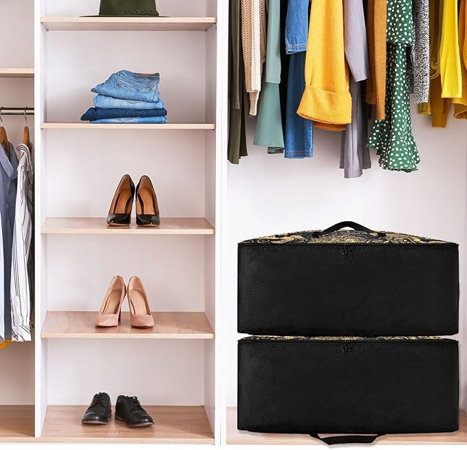 Comforter Storage Bags Large Folding Blanket Organizer Bag with Strong Handles Clear Window Closet Storage Containers for Clothes King Queen Pillows Bedding Quilt Duvet Tigers Tattoo Gold