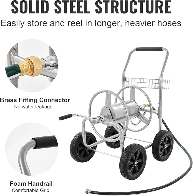 VEVOR Hose Reel Cart, Hold Up to 250 ft of 5/8’’ Hose, Garden Water Hose Carts Mobile Tools with 4 Wheels, Heavy Duty Powder-Coated Steel Outdoor Planting with Storage Basket, for Garden, Yard, Lawn | Heavy Duty Powder-coated Steel, Storage Basket, Mob...