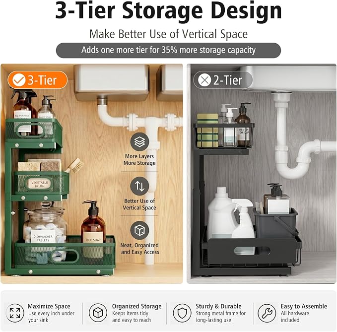 Under Sink Organizer, 3-Tier Sliding Drawers, 2-Pack Forest Green | 5 Height Adjustable, Pull Out Cabinet Storage Rack, Space Saving Metal Organizer for Kitchen, Bathroom, Laundry & Pantry