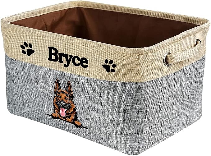 Personalized Fabric Dog Toy Storage Basket with Lovely Dog German Shepherd Collapsible Sturdy Fabric Pet Toys Storage Bin Cube with Handles for Organizing, Grey and White