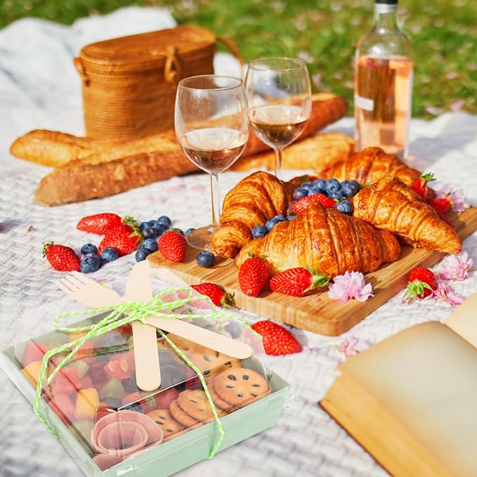 Whaline 50 Set Green Charcuterie Boxes with Clear Lids Forks Knives 4.7 x 4.3 In Clear Mini Dessert Disposable Food Containers Cake Take out Bakery Boxes for Wedding Birthday Sandwich Cookies Sushi