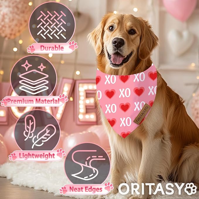 Valentines Day Dog Bandanas, 2-Pack Triangle Reversible Love Pet Scarves, Premium Fabric Bandana (Large, Style 1)