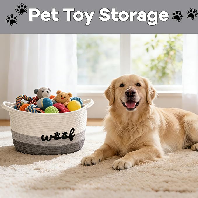 Dog Toy Basket Cute Basket for Baby, Woven Basket Toy Box and Bin for Pet Cat, 15" X 10" X 9" (22L) Large Rope Basket for Blanket Storage, Living Room, Bedroom, White Gray