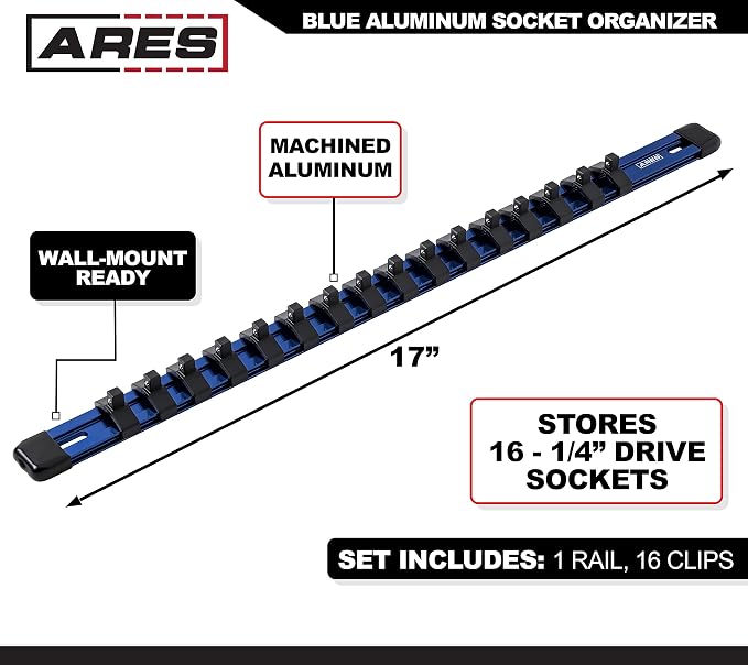 ARES 60042 1/4-In Blue Socket Rail | Part No. 60042; Store up to 16 Sockets and Keep Your Tool Box Organized
