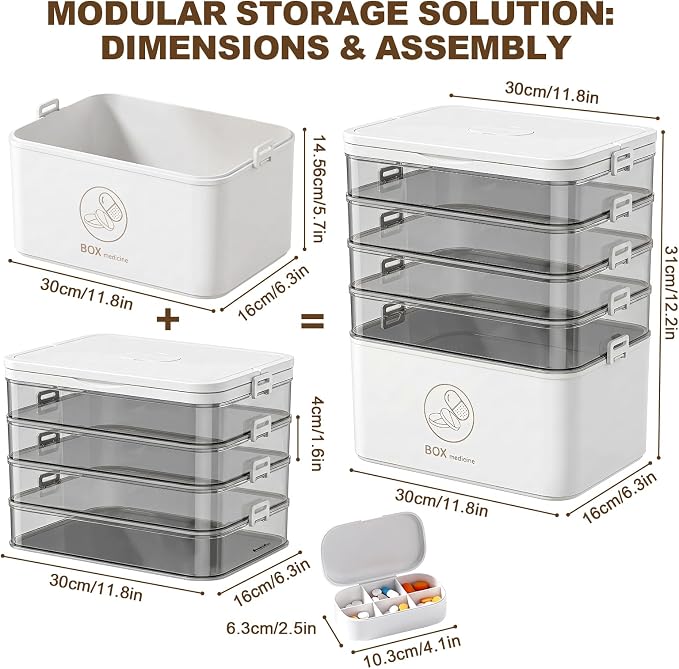 5-Tier Medicine Storage Organizer with Portable Pill Case, Portable First Aid Box with Removable Layers, Clear Medical Storage Container for Medicines, Vitamins & Emergency Supplies