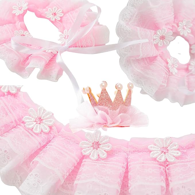 Cat Princess Costumes Cat Crown Hat & Lace Bandana Scarf Set, Puppy Party Hat for Small Dogs & Cats, Lace Outfit for Cats and Small Dogs Birthday Party (Pink(Crown Hat&Scraf&Banner))