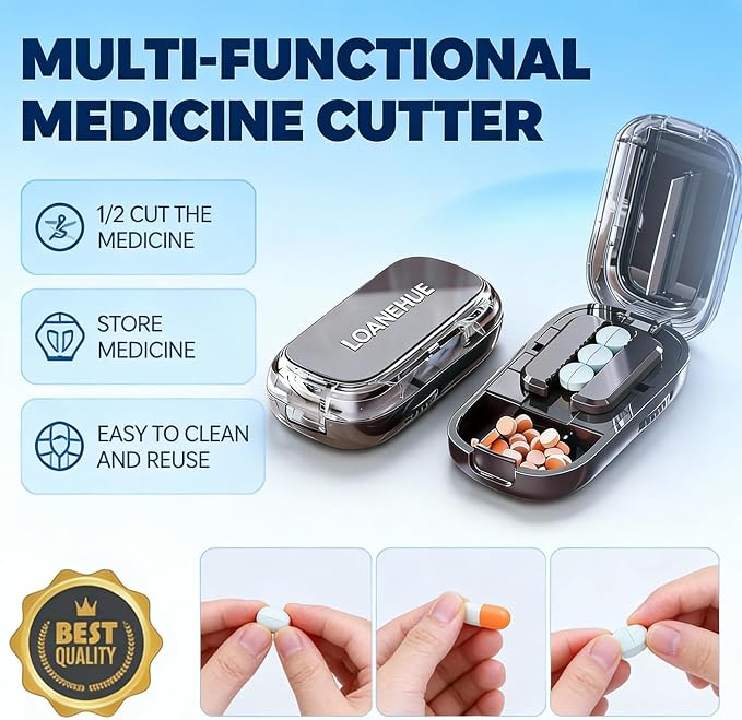 Precision Pill Cutter for Small and Tiny Pills, Sharp Blade with Storage Compartment, Travel-Friendly 1/2 1/4 Pill Splitter for Home/On-The-Go, Black