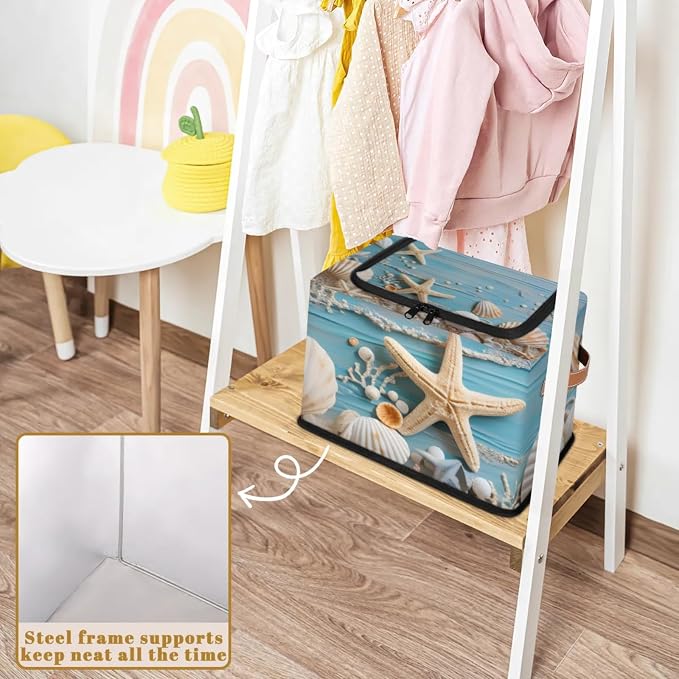 Ocean Shells Starfish Storage Bins With Zipper Lid, Collapsible Trunk Organizer, Car Organizers and Storage Bins with Lids, Decorative Storage Boxes with Handle, Home Storage Baskets for Organizing