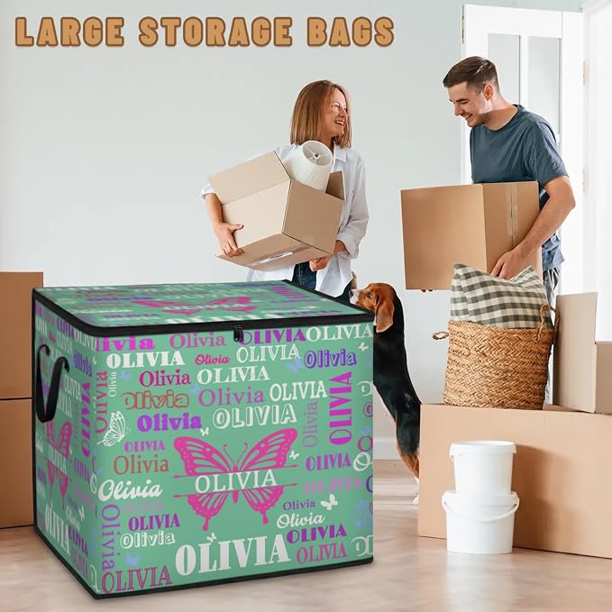 Personalized Storage Bags with Lid Large Blanket Clothes Mint Green Colorful Name Butterflies Organization and Storage Containers for Comforters,Bedding, Foldable Organizer with Reinforced Handle