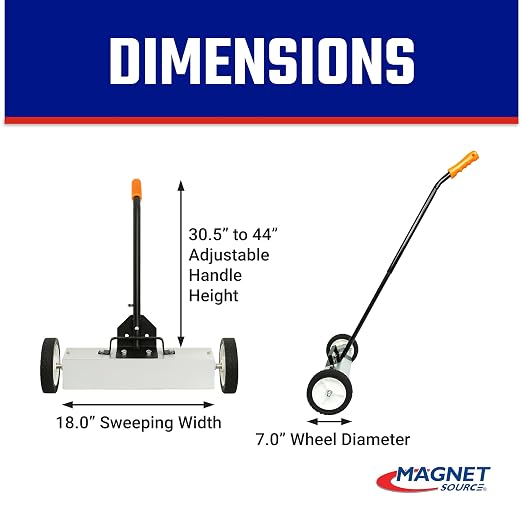 Master Magnetics Magnetic Sweeper with Wheels - Rolling Magnet Sweeper with Adjustable Handle - Powerful Magnetic Tool for Lawn and Shop Use - Pick Up Nails and Other Metal Debris - 18”