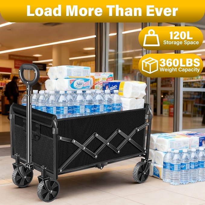 Collapsible Wagon Cart with Wheels, Compact 360 lb Folding Cart,Pitch Black | Portable utility wagon for groceries, shopping, camping, garden, sports, picnics, laundry, apartment errands and small hauls