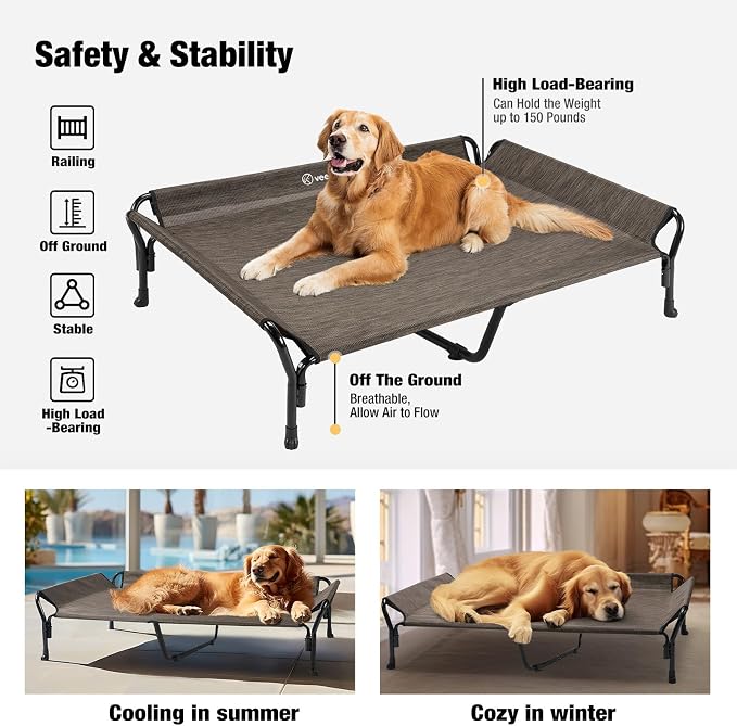 Veehoo Cooling Elevated Dog Bed, Raised Dog Cot with Guardrail & Headrest | Washable Dog Couch Bed for Indoor & Outdoor, Durable Breathable Teslin Mesh, Non-Slip Feet, 51" x 34", XLarge, Brown