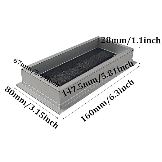 2PCS 6.3"x3.15" Metal Rectangle Cable Grommet, Wire Management Cover with Soft Brush Strip, Desk Wire Organizer for Computer Table Office Furniture (Silver)
