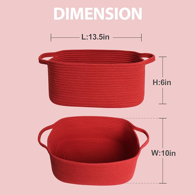 MEGASKET Red Woven Basket, 13.5” x 10” x 6” Red Empty Gift Basket to Fill, Decorative Cotton Rope Storage Bin for Organizing, Cute Baby Nursery Organizer, Rectangle Dog Toy Bin, Room Decor