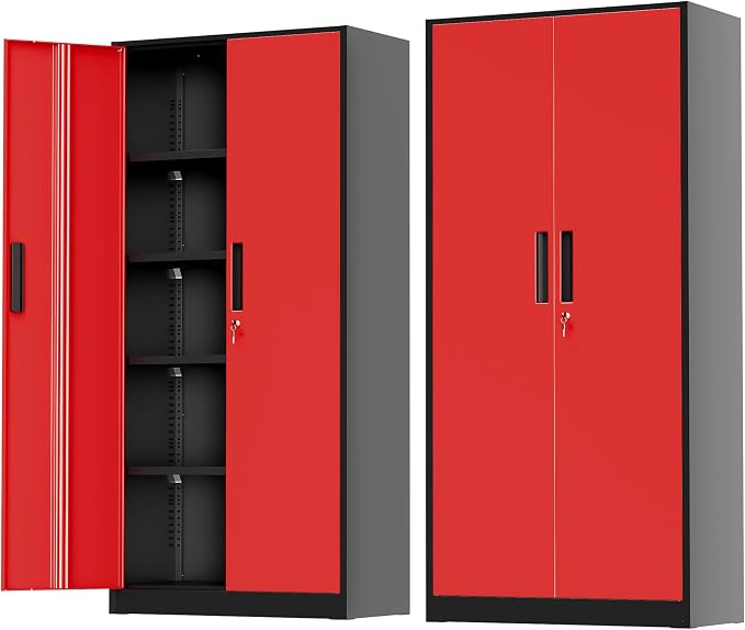 Greenvelly Metal Storage Cabinet with Doors and Shelves, 72" Inch Locking Metal Cabinet,Garage Storage Cabinet for Garage Office School Warehouse (Black Red)