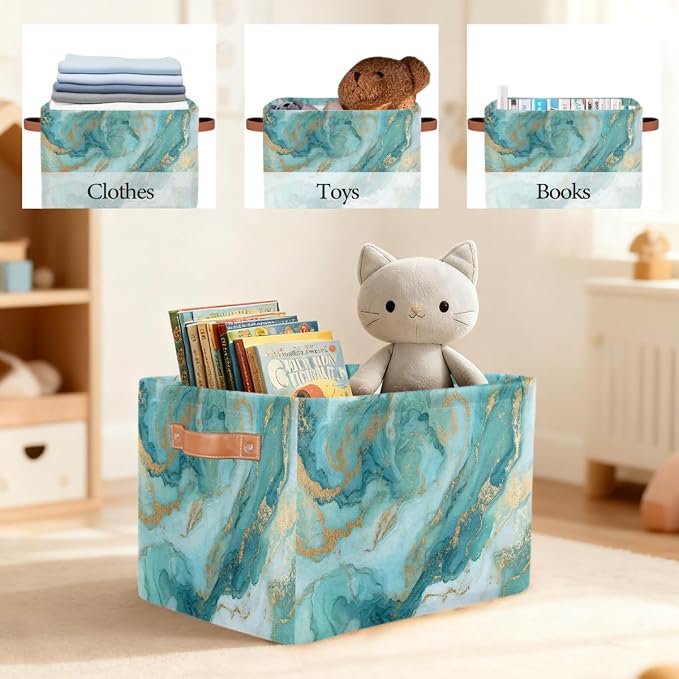 Pardick Storage Baskets Bin, Light Blue Marble Collapsible Canvas Fabric Storage Bin Decorative Baskets Toy Organizer Rectangle Storage Boxes with handles for Home Shelves Nursery,1Pack,C-02