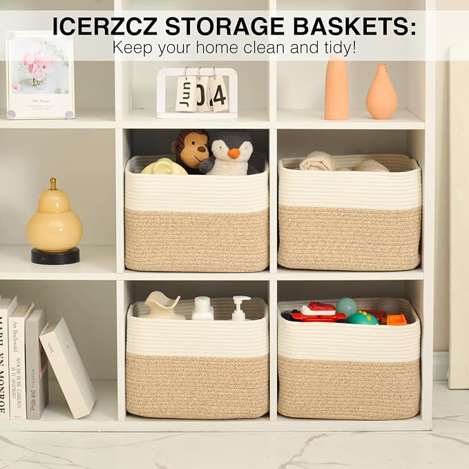 ICERZCZ Storage Baskets for Organizing & Shelves, Woven Cotton Rope Organization Bins for Dog Toys, Clothes, Books, Nursery Organizer, 15"Lx11''Wx9.5''H, (4 Packs) Off White & Brown